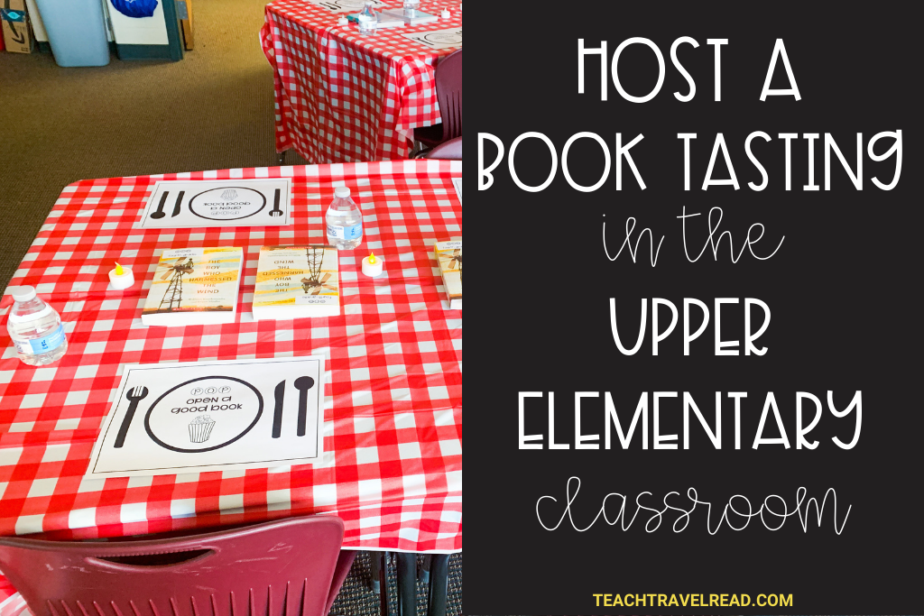 book tasting in upper elementary classroom with tablecloths, candles, books, and a menu