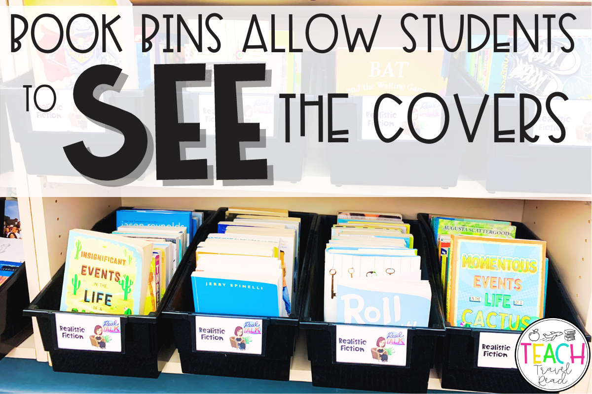 black book bins in a classroom library with labels for genres