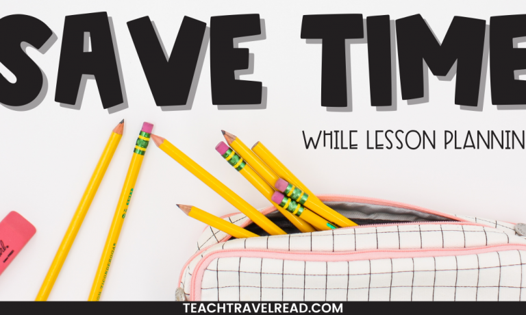 pencil pouch with pencils and erasers with headline of save time lesson planning